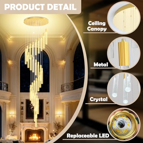 30-Light High Ceiling Chandeliers Large Crystal Column Chandelier Long Spiral LED Dimmable Chandeliers for Foyer Living Room Staircaes Entrance Gold D28in x H177in - color: Gold, size: 30-Light