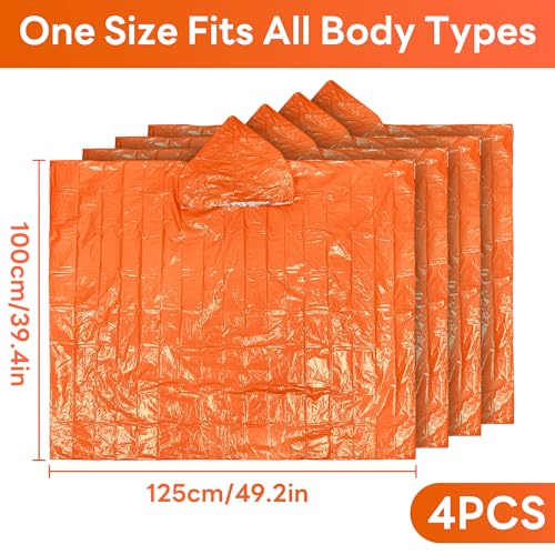 Deecam Emergency Mylar Poncho 4 Pack, Waterproof Windproof Thermal Foil Rain Poncho, Portable Survival Gear for Hiking Camping & Disaster Preparedness