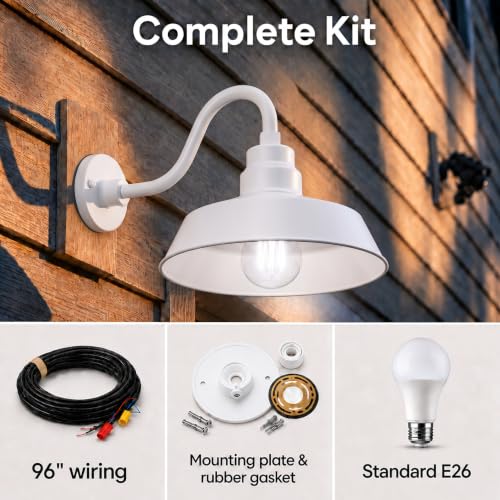 14in. White Outdoor Gooseneck Barn Light Fixture, 5000K Cool White - color: White (2-Pack), size: 10 in Gooseneck Arm
