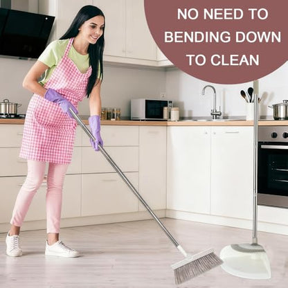 Triangular Indoor Broom and Dustpan Comb Set, 180° Rotating, Soft Bristle Long Handle Upright Sweeping Angled Broom with Self-Cleaning Teeth for Home, Kitchen, Office, Wood Floor (White Gray) - color: White Gray