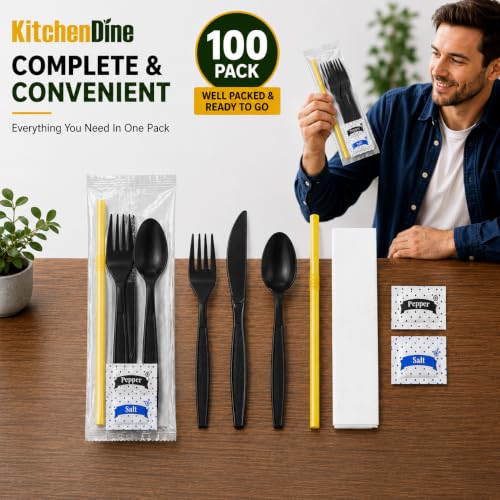 100 pack | Individually wrapped Cutlery set | BlackHeavy Duty Cutlery | Utensil set with Fork, spoon, knife, Napkin, Straw and Salt/Pepper packets (6 in 1) | Plastic Disposable Flatware Cutlery Kits - color: Black