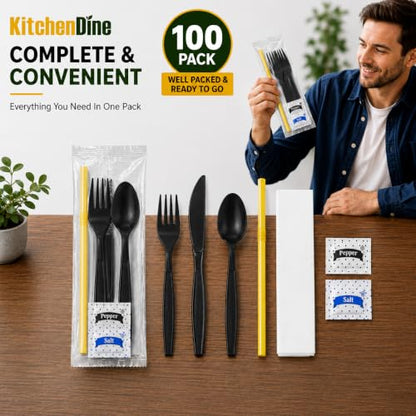 100 pack | Individually wrapped Cutlery set | BlackHeavy Duty Cutlery | Utensil set with Fork, spoon, knife, Napkin, Straw and Salt/Pepper packets (6 in 1) | Plastic Disposable Flatware Cutlery Kits - color: Black