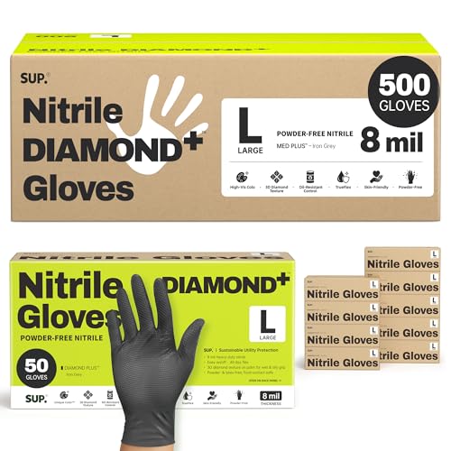 SUPER+ Disposable Nitrile Gloves, 8 Mil Diamond Powder-Free Latex-Free Food Safe Chemical Resistant Heavy Duty, Black 500 Ct - color: Large (Black)