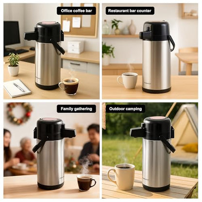 TOMAKEIT Airpot Coffee Dispenser with Pump,102 OZ/ 3L Large Coffee Dispenser with Tea Filter for Party Hot Drinks Water Tea Chocolate Hot/Cold Water, Insulated Stainless Steel Thermal Carafes