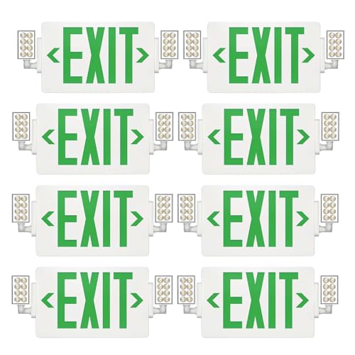 Spectsun 8 Packs Exit Signs with Emergency Lights,120-277VAC-LED Combo Emergency Light with Backup Battery-Double Face UL Listed Green Letter Exit Sign Lighting-Hard Wired-Fire Resistant - color: SPJLECD2GW-WT-8