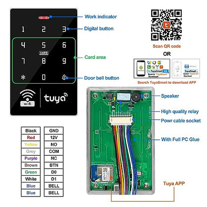 WiFi Tuya APP Access Control System Waterproof Kits RFID Keypad Controller 125KHz 13.56MHz + Door Electric Strike Lock + DC12V Power Supply, 10,000 Large User Capacity