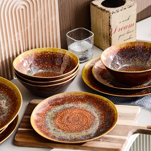 FINE&NICE Melamine Dinnerware Set of 12Pcs, Dish Set for 4, Lightweight Unbreakable Plate and Bowl Set for Patio, RV and Camping, Dishwasher Safe,Rusty Brown - color: Rusty Brown