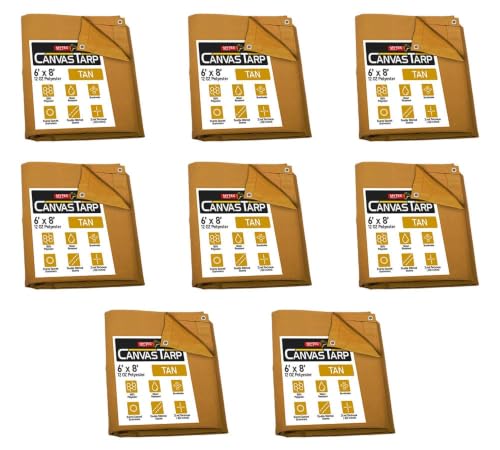 (8 Pack) 6' x 8' Tan Canvas Tarp 12oz Heavy Duty Water Resistant - color: Tan (8 Pcs), size: 6' x 8'