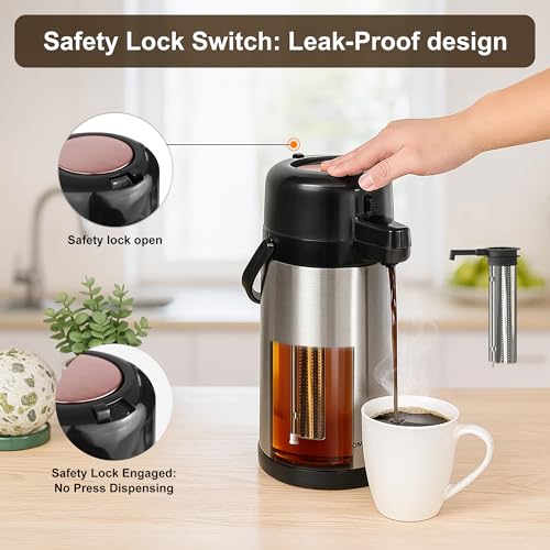 TOMAKEIT Airpot Coffee Dispenser with Pump,102 OZ/ 3L Large Coffee Dispenser with Tea Filter for Party Hot Drinks Water Tea Chocolate Hot/Cold Water, Insulated Stainless Steel Thermal Carafes