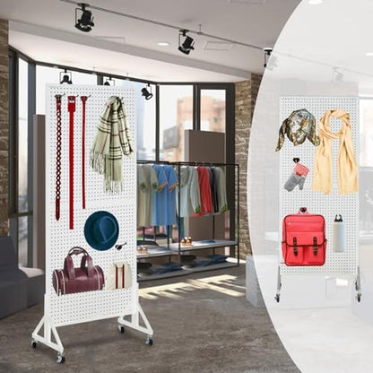 Eastern Tree 2.5'x 6' Metal Pegboard Display Stand with T-Base, Peg Board Panels Display with Casters, Standing Pegboard Display, Retail Display Stand, Extra 10 Pieces Hooks, White - size: 1-Pack White