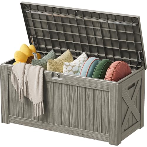 Devoko 125 Gallon Outdoor Storage Box, Waterproof Resin Deck Box - color: Light Brown, size: 125 Gallon