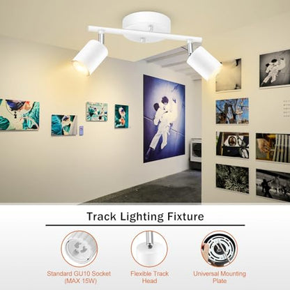 BoostArea LED 2 Light Track Lighting Kit, White 2 Way Ceiling Spot Lighting, Flexibly Rotatable Light Head for Kitchen, Living Room, Bedroom, GU10 Bulb Not Included - color: 2 Light-White