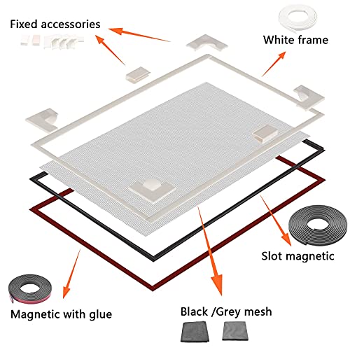 Adjustable Magnetic Mosquito Fiberglass Screen kit Seamless Window Screen for Pet/Screen/Porch Screen/Basement Window (Frame Length:197"/Screen:39"x59", White Frame + Black Screen + Gray Screen) - size: ‎frame:16.5'+screen:39"×59"x2