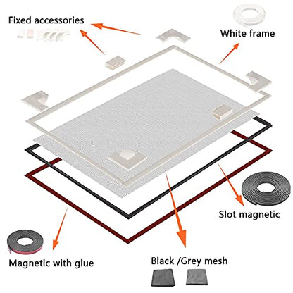 Adjustable Magnetic Mosquito Fiberglass Screen kit Seamless Window Screen for Pet/Screen/Porch Screen/Basement Window (Frame Length:197"/Screen:39"x59", White Frame + Black Screen + Gray Screen) - size: ‎frame:16.5'+screen:39"×59"x2