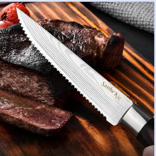 Steak Knives Set, 6/8/14 Piece Options, German High Carbon Stainless Steel, 5cr15MoV steel, Wood Handle,Full Tang Design,serrated Meat Knife, Sharp Dinner Knives (14PCS)