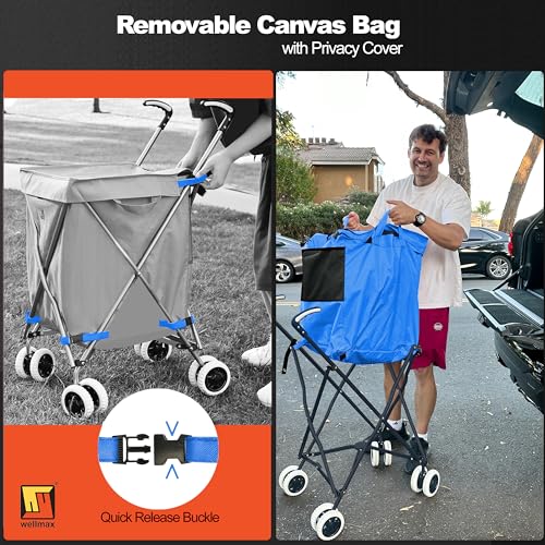 Wellmax Folding Shopping Cart with Canvas Bag & Cover, Holds 120 lb, Blue - color: Blue