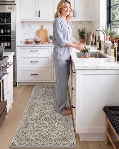 DEXI Kitchen Floor Mats Cushioned Anti Fatigue Runner 24x87 Beige Grey - color: Beige/Grey, size: 87"L x 24"W x 0.4"Th