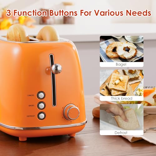 Roter Mond 2 Slice Toaster Retro Stainless Steel with Bagel, Cancel, and Defrost Functions, 6 Bread Shade Settings, Extra Wide Slots and Removable Crumb Tray, Orange - color: Orange