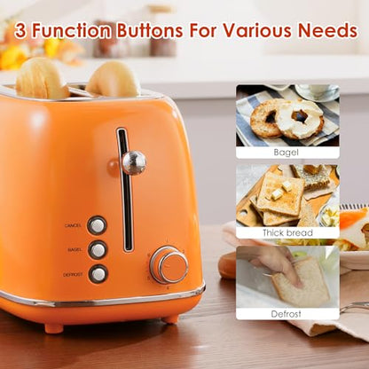 Roter Mond 2 Slice Toaster Retro Stainless Steel with Bagel, Cancel, and Defrost Functions, 6 Bread Shade Settings, Extra Wide Slots and Removable Crumb Tray, Orange - color: Orange