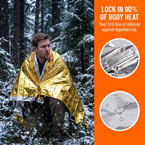160 X 210CM Gold Silver Double Sided Thermal Space Blanket, Waterproof Windproof Emergency Survival Mylar Blanket for Camping Hiking Outdoor