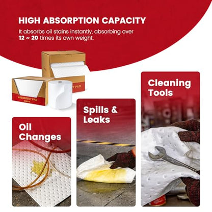 Oil Absorbent Pads Roll, Oil-Only Spill Mat, White, 16"x20", 100 Pcs - color: 100pack 3mm Thickened/Oil Only rolls(16"x20")