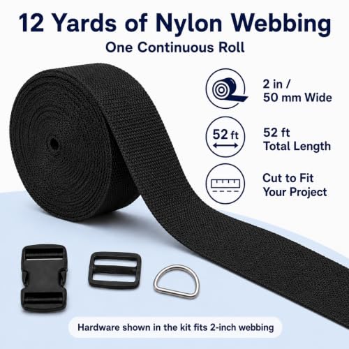 2 Inch Straps and Buckles Set, 12 Yards Nylon Webbing Strap, 12 Pack Release Buckles, 24 Tri-Glide Slide Clips, 12 Pack Metal D-Rings MaHeavy Duty Adjustable Quick Snap Fasteners, No Sewing Required - size: 2" 12 Pcs Buckle Set