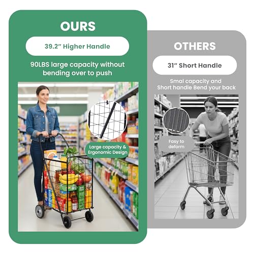 Simple Deluxe Folding Shopping Cart with Wheels, 90LB Capacity & Comfortable Foam Handle, Heavy Duty Collapsible Utility Cart for Groceries, Laundry, Travel, Books, Black