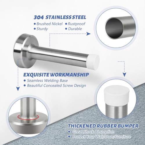 Door Stop 3.5 Inch, 2 Pack Brushed Nickel Door Stopper, Wall Mounted, Modern Commercial Stainless Steel Doorstop Wall Protector with Sound Dampening Door Bumper, Silver - color: Brushed Nickel