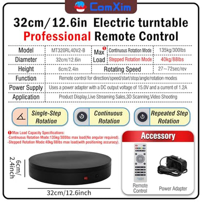 12.6In Remote Motorized Electric Turntable Rotating Display Stand Rotating Platform Photography Turntable motorized lazy susan base giratoria para for Photography,3D Scanner,(Load Range:88~300lbs) - size: 12.6inch/Black/300Lbs Load