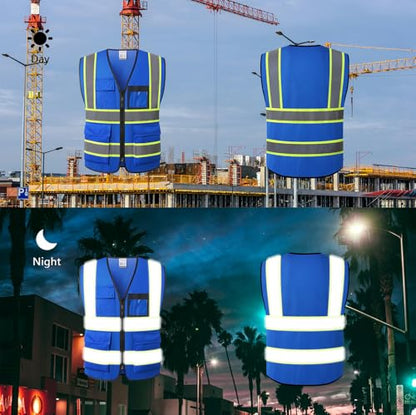 Reflective Safety Vest for Men Women Hi Vis Vest with 8 Pockets High Visibility Mesh Reflective Vest (Blue-07, Large) - color: Blue, size: Large