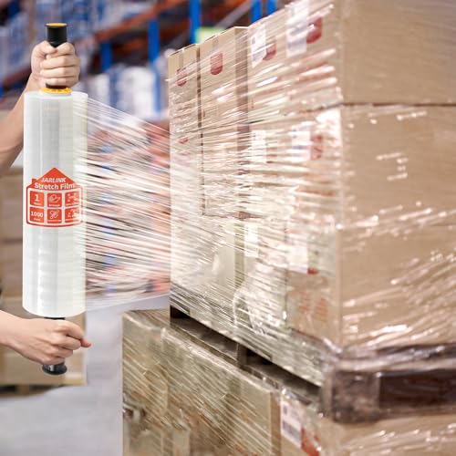 JARLINK Stretch Film, 15 Inch x 1000 Feet Shrink Wrap for Pallet Wrap, Industrial Strength Stretch Wrap with Handles, Moving Wrapping Plastic Roll, 60 Gauge, 1 Pack, Clear - size: 1 Pack, style: Yellow Handles
