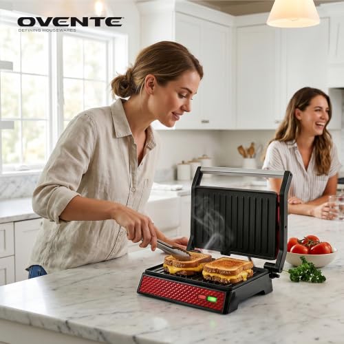 OVENTE Electric Indoor Panini Press Grill + Sandwich Maker, Red GP0620R - color: GP0620R