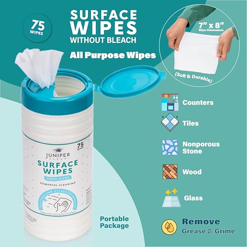 Juniper CLEAN 6 Pack Surface Cleaning Wipes Bleach Free, All-Purpose Cleaner for Bathroom, Kitchen, Office, 450 Count Canister, 7.5" x 7" Sheet, Fresh Scent, Lint Free & Durable - size: 75 Count (Pack of 6)