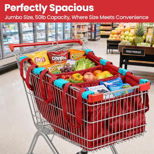 Handy Sandy Cart Caddy – 3-Pack Reusable Shopping Bags with Cart Clips | Heavy-Duty Grocery Organizer Tote Set | Eco-Friendly, Foldable, 40 lb Capacity | Red - color: Bright Red