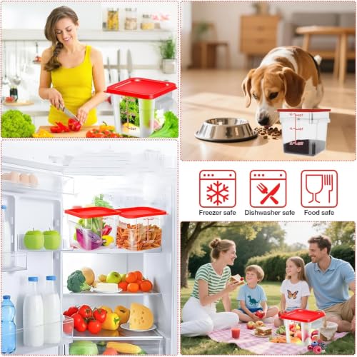 Square Storage Container with Lid, Commercial Box with Measurement Marks & Handle, for Baking, Dough Proofing, Meat Brining, Kitchen Tool (Red, 6QT-4PACK) - size: 6QT-4PACK