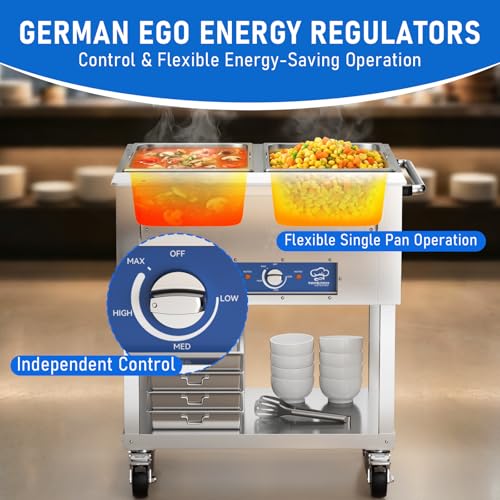 TOPKITCH 2-Pan Commercial Food Warmer, Electric Steam Table with Independent Temperature Control, 120V 1000W Stainless Steel Buffet Catering Food Warmer with Undershelf and Workspace, for Restaurant. - size: TC-2P
