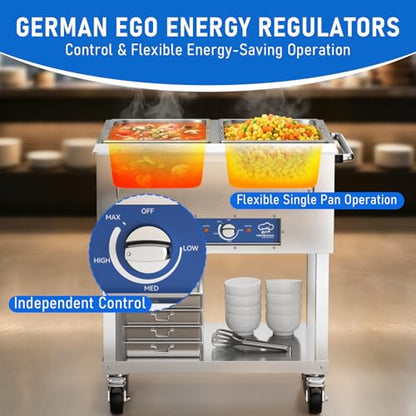 TOPKITCH 2-Pan Commercial Food Warmer, Electric Steam Table with Independent Temperature Control, 120V 1000W Stainless Steel Buffet Catering Food Warmer with Undershelf and Workspace, for Restaurant. - size: TC-2P