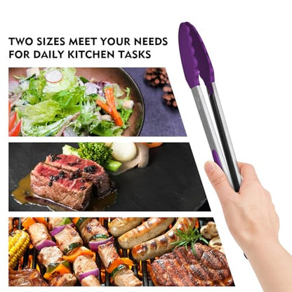 HOTEC Stainless Steel Kitchen Tongs with Silicone Tips, Set of 2-9" and 12" - color: Purple:12+9inch
