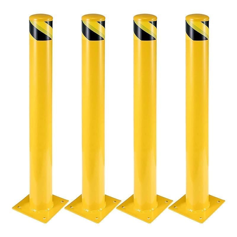 4 Packs 42 Inch Safety Bollard Post, 4.5 Inch Diameter Steel Pipe Bollard with 16 Anchor Bolts, Heavy Duty Yellow Steel Bollard for Parking Lot Security, Driveway Barrier, Warehouse Entrance - size: 42 Inch