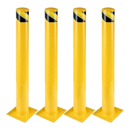 4 Packs 42 Inch Safety Bollard Post, 4.5 Inch Diameter Steel Pipe Bollard with 16 Anchor Bolts, Heavy Duty Yellow Steel Bollard for Parking Lot Security, Driveway Barrier, Warehouse Entrance - size: 42 Inch