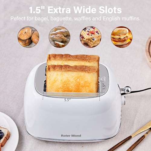 Roter Mond 2 Slice Toaster Retro Stainless Steel with Bagel, Cancel, and Defrost Functions, 6 Bread Shade Settings, Extra Wide Slots and Removable Crumb Tray, White - color: White