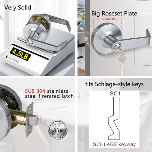 Hospital Storeroom Door Handle Lock Set with Satin Chrome 26D Finish and Heavy Duty Grade 2 Handle Lever,GRD2-74ST-1P - size: STOREROOM（2-3/4 IN Backset)