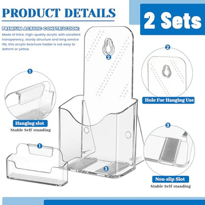 2 Pack 4 x 9 Acrylic Brochure Holder with Business Card Holder