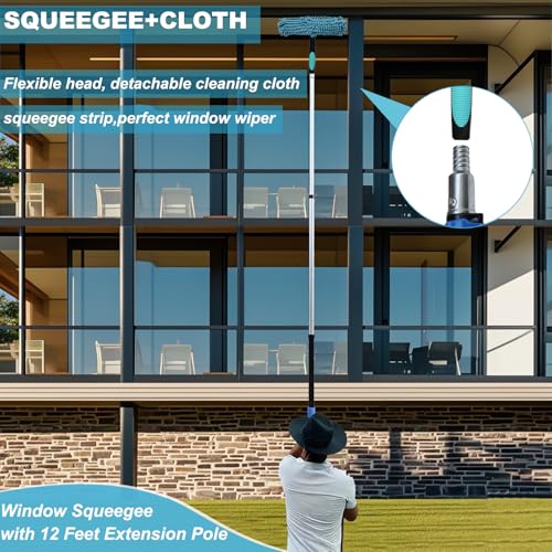 20 Ft+ Reach 2 In 1 Window Squeegee Duster with 5-to-12 Foot Extension Pole, Cleaner Tool with 3-Stage Telescoping Pole, Cleaning Kit with Rotatable Head - Chenille Cloth + Microfibre Cloths Head