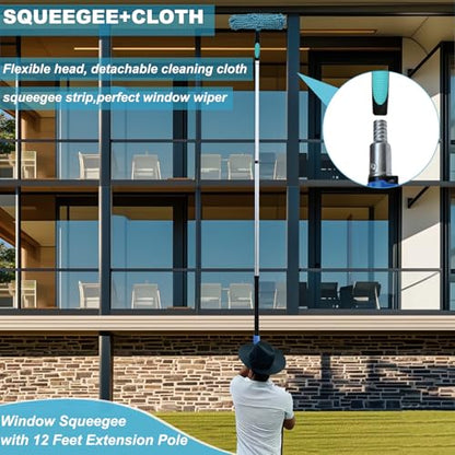 20 Ft+ Reach 2 In 1 Window Squeegee Duster with 5-to-12 Foot Extension Pole, Cleaner Tool with 3-Stage Telescoping Pole, Cleaning Kit with Rotatable Head - Chenille Cloth + Microfibre Cloths Head