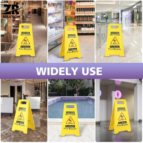 24 Inches Caution Wet Floor Sign Bright Yellow Double Sided Bilingual Caution Message Folding A-Shaped Frame Design Safety Warning Wet Floor Sign Collapsible Commercial Warning Sign Prevent Slip