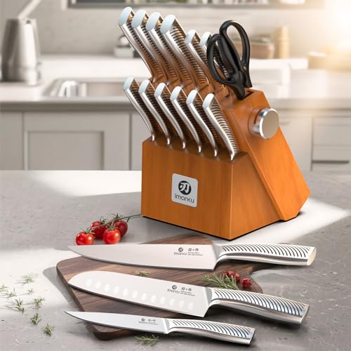 imarku 14 Piece Stainless Steel Knife Set with Build-in Sharpener - color: Brown