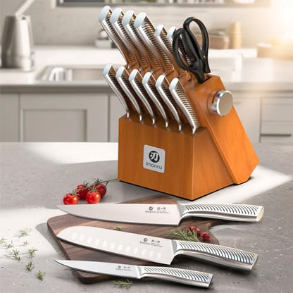 imarku 14 Piece Stainless Steel Knife Set with Build-in Sharpener - color: Brown