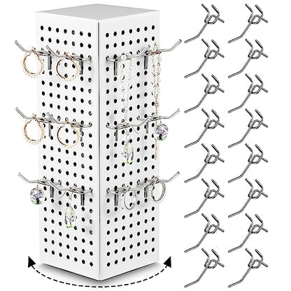 Geelin Rotating Countertop Display Kit with 16 Peg Hooks Four Sided Pegboard Spinner Organizer 4 x 4 x 12 Inches Retail Display Racks Revolving Metal Countertop for Keychain Supplies(White) - color: White