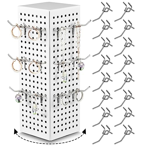 Geelin Rotating Countertop Display Kit with 16 Peg Hooks Four Sided Pegboard Spinner Organizer 4 x 4 x 12 Inches Retail Display Racks Revolving Metal Countertop for Keychain Supplies(White) - color: White
